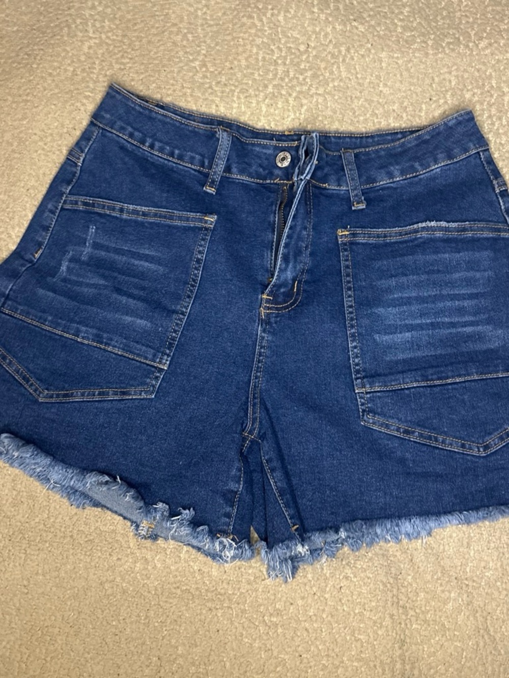 High-Rise Dark Blue Denim Frayed Hem Shorts with Front Patch Pockets